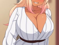 Rule 34 | 1girl, animated, animated gif, blonde hair, blurry, blurry background, blush, breasts, cleavage, dark-skinned female, dark skin, grin, gyaru, head out of frame, huge breasts, ichii gou (the only shoe), indoors, jiggle, multicolored hair, no bra, original, parted lips, pink hair, smile, solo, teeth, the only shoe