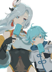 Rule 34 | 1boy, 1girl, ahoge, arm over shoulder, aunt and nephew, black gloves, blue eyes, blue hair, blush, bodysuit, breast curtain, breasts, chongyun (genshin impact), clothing cutout, covered navel, eating, fingerless gloves, food, genshin impact, gloves, hair ornament, highres, hip vent, holding, long hair, looking at viewer, muji kagehito, popsicle, shenhe (genshin impact), short hair, shoulder cutout, silver hair, slit pupils, sweat, tassel, very long hair, white background