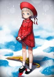 Rule 34 | 1girl, black footwear, blue eyes, blush, character request, closed umbrella, copyright request, dress, full body, hat, hat ribbon, highres, long sleeves, looking at viewer, mary janes, pyonsuke (pyon2 mfg), rain, red dress, red hat, red ribbon, ribbon, ripples, shadow, shoes, short dress, short hair, silver hair, socks, solo, standing, umbrella, white socks, wringing clothes, yellow umbrella