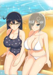 Rule 34 | 2girls, ahoge, ahrs, bikini, bikini top only, black hair, blue eyes, blush, breasts, cleavage, curvy, hair ornament, hair over one eye, hairclip, hamakaze (kancolle), highres, huge breasts, kantai collection, large breasts, long hair, looking at viewer, multiple girls, navel, one-piece swimsuit, pool, short hair, silver hair, sitting, smile, swimsuit, ushio (kancolle), yellow eyes