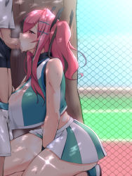 Rule 34 | 1boy, 1girl, azur lane, between legs, black boxer briefs, black male underwear, blush, boxer briefs, breasts, bremerton (azur lane), bremerton (scorching-hot training) (azur lane), censored, chain-link fence, cleavage, clothes pull, commentary request, cowboy shot, crop top, crop top overhang, diffraction spikes, fellatio, fence, from side, green shirt, green skirt, grey hair, hair between eyes, hair ornament, hairclip, hand between legs, hetero, kneeling, large breasts, long hair, male underwear, midriff, mosaic censoring, multicolored hair, oral, out of frame, penis, pink eyes, pink hair, reta su gohan, saliva, shade, shirt, shoes, shorts, shorts pull, sidelocks, skirt, sleeveless, sleeveless shirt, sneakers, solo focus, sportswear, standing, streaked hair, sweat, tennis court, tennis uniform, tree, twintails, two-tone hair, two-tone skirt, underwear, wet, wet clothes, wet shirt, white shirt, white skirt