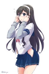 Rule 34 | 10s, 1girl, adjusting eyewear, bad id, bad twitter id, bare legs, black hair, blue eyes, clothing cutout, female focus, flying sweatdrops, glasses, hairband, headband, highres, hip vent, kantai collection, kodera ju, layered sleeves, legs, long hair, long sleeves, looking at viewer, looking to the side, no panties, ooyodo (kancolle), open mouth, school uniform, serafuku, short over long sleeves, short sleeves, side cutout, simple background, solo, standing, twitter username, white background