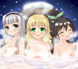 Rule 34 | 3girls, blonde hair, blush, breasts, brown eyes, brown hair, censored, censored nipples, closed eyes, convenient censoring, ganaha hibiki, green eyes, hoshii miki, idolmaster, idolmaster (classic), kagami yuu, multiple girls, nude, onsen, open mouth, ponytail, project fairy, shijou takane, small breasts, snow, steam, steam censor, water