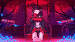 Rule 34 | 1girl, ambiguous red liquid, arm at side, arm support, armchair, bandaged leg, bandages, barefoot, blood, blood on face, blue flower, blunt bangs, braid, breasts, brick wall, broken, broken glass, bug, butterfly, chair, eyebrows, feet, flower, forest, gem, glass, gloves, hair flower, hair ornament, half-closed eyes, hand on own face, hat, head tilt, highres, insect, jewelry, kirin kakeru, layered sleeves, lens flare, long hair, long sleeves, looking at viewer, nature, on chair, original, parted lips, petals, pointy ears, puffy short sleeves, puffy sleeves, purple hair, red eyes, red flower, red gloves, red rose, red sky, red theme, rose, ruins, short over long sleeves, short sleeves, shorts, sitting, sky, soles, solo, stomach, toes, top hat, tree, very long hair, wallpaper, window, wood