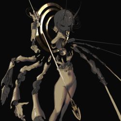 Rule 34 | 1girl, android, black background, body horror, completely nude, disembodied head, extra arms, closed eyes, full moon, halo, holding, holding sword, holding weapon, horns, medium hair, moon, multiple halos, narue, navel, no mouth, nude, original, pale skin, polearm, robot, simple background, solo, spear, standing, sword, weapon, white hair