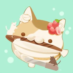 Rule 34 | :3, animal, animal focus, black cat, cake, cat, chai (drawingchisanne), commentary, fish, food, food focus, fruit, green background, knife, no humans, original, signature, simple background, strawberry, whipped cream, white cat