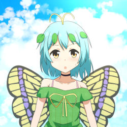 Rule 34 | 1girl, :o, alternate costume, anime coloring, antennae, bare shoulders, black choker, blue hair, blue sky, blush, bra strap, butterfly wings, cato (monocatienus), choker, cloud, commentary request, day, dress, eternity larva, green dress, insect wings, leaf, looking at viewer, off-shoulder dress, off shoulder, open mouth, outdoors, ribbon, short hair, sky, solo, sweat, touhou, upper body, wings, yellow eyes, yellow ribbon