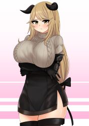 Rule 34 | absurdres, arknights, black skirt, black thighhighs, blonde hair, breast hold, breasts, demon horns, elbow gloves, gloves, hair ribbon, highres, horns, large breasts, long hair, meteorite (arknights), pout, ribbed sweater, ribbon, skirt, sweater, tagme, the only shoe, thighhighs, thighs, yellow eyes