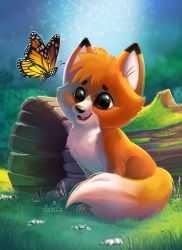 Rule 34 | :d, brown eyes, bug, butterfly, chibi, commentary, day, disney, english commentary, eric proctor, fangs, flying, fox, grass, happy, bug, open mouth, outdoors, sitting, smile, the fox and the hound, tod (the fox and the hound)