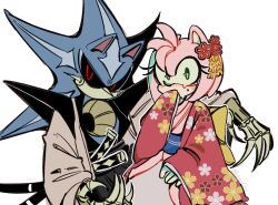 1boy 1girl alternate_costume amy_rose furry furry_female green_eyes hand_on_own_face highres humanoid_robot japanese_clothes katana looking_at_viewer metal_sonic neo_metal_sonic no_mouth red_eyes robot samurai simple_background sitting sonic_(series) sword tears weapon white_background xue_gin