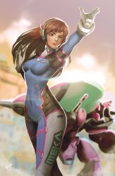 Rule 34 | 1girl, ;), acronym, aiming, arm cannon, armor, blurry, blurry background, bodysuit, bokeh, boots, bracer, breasts, breasts apart, brown eyes, brown hair, covered navel, d.va (overwatch), depth of field, eyelashes, facepaint, facial mark, finger gun, gatling gun, gloves, gun, hands up, headphones, legs together, long hair, long sleeves, matching hair/eyes, mecha, medium breasts, meka (overwatch), mynare, one eye closed, overwatch, overwatch 1, pauldrons, pilot suit, pointing, ribbed bodysuit, robot, shoulder armor, shoulder pads, skin tight, smile, solo, standing, swept bangs, thigh boots, thigh strap, thighhighs, turtleneck, weapon, whisker markings, white footwear, white gloves