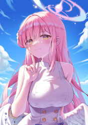 Rule 34 | 1girl, absurdres, angel wings, blue archive, blush, breasts, closed mouth, dress, feathered wings, hair bun, halo, highres, large breasts, long hair, mika (blue archive), momyong, pink hair, pink halo, single side bun, sleeveless, sleeveless dress, smile, solo, upper body, white dress, white wings, wings, yellow eyes