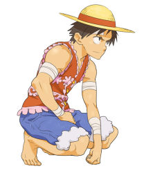 Rule 34 | 1boy, amazon lily, bad id, bad pixiv id, bandages, barefoot, frills, full body, hamanasu, hat, male focus, monkey d. luffy, muscular, one piece, shorts, simple background, solo, squatting, straw hat, vest, white background