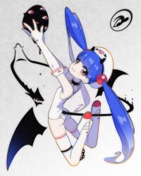 Rule 34 | 1girl, arms up, blue hair, closed mouth, collar, elbow gloves, gloves, hat, heart, holding, legs up, long hair, looking at viewer, nyamofe, original, panties, pink eyes, smile, solo, spiked collar, spikes, thighhighs, twintails, underwear, white footwear, white gloves, white hat, white panties, white thighhighs, wings