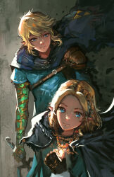 Rule 34 | 1boy, 1girl, absurdres, advarcher, arm tattoo, armor, black cape, black gloves, blonde hair, blue eyes, blue shirt, blue tunic, braid, cape, closed mouth, crown braid, fingerless gloves, gloves, highres, holding, holding sword, holding weapon, link, looking at viewer, master sword, nintendo, pointy ears, princess zelda, shirt, short hair, shoulder armor, simple background, sword, tattoo, the legend of zelda, the legend of zelda: tears of the kingdom, triforce, weapon