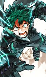 Rule 34 | 1boy, aqua eyes, badge, belt, belt pouch, black belt, black bodysuit, black footwear, black gloves, bleeding, blood, blood on arm, blood on face, blurry, blurry background, bodysuit, boku no hero academia, bright pupils, clenched hand, commentary, cuts, dust, electricity, foot out of frame, foreshortening, freckles, full cowling (boku no hero academia), furrowed brow, gloves, glowing, glowing eyes, green hair, hands up, highres, incoming attack, injury, long sleeves, looking at viewer, male focus, meta (onipero gm03), midair, midoriya izuku, official alternate costume, open mouth, outstretched arms, pouch, rock, serious, short hair, solo, torn bodysuit, torn clothes, torn sleeve, v-shaped eyebrows, white background, white pupils