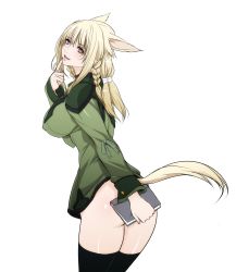 Rule 34 | 10s, 1girl, animal ears, ass, black thighhighs, blonde hair, book, braid, breasts, brown eyes, cat ears, cat girl, cat tail, covered erect nipples, covering privates, fangs, final fantasy, final fantasy xiv, finger to mouth, highres, large breasts, long hair, miqo&#039;te, no panties, parted lips, q azieru, simple background, smile, solo, square enix, tail, thighhighs, twin braids, white background, zettai ryouiki
