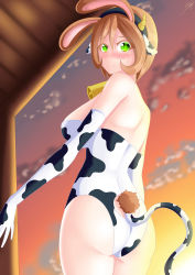 Rule 34 | absurdres, animal ears, animal print, ass, bell, breasts, brown hair, bunny girl, cow ears, cow girl, cow horns, cow print, cow tail, cowbell, green eyes, haarmades, highres, horns, large breasts, original, symbol-shaped pupils, tail