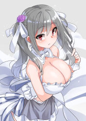 Rule 34 | 1girl, arm under breasts, bare shoulders, blush, breasts, cleavage, detached collar, dress, flower, frilled dress, frills, from side, grey background, grey hair, hair flower, hair ornament, hair ribbon, highres, holding, holding hair, idolmaster, idolmaster cinderella girls, idolmaster cinderella girls starlight stage, kanzaki ranko, large breasts, long hair, looking at viewer, open mouth, purple flower, purple rose, red eyes, ribbon, rose, simple background, smile, solo, twintails, white dress, white ribbon, yuuichi (reductionblack)