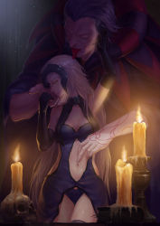Rule 34 | 1boy, 1girl, arm tattoo, arm up, bad id, bad pixiv id, black gloves, black hair, blue dress, blue panties, breasts, candle, candlestand, closed eyes, clothing cutout, collar, dark, dress, elbow gloves, fate/grand order, fate (series), fingernails, gilles de rais (caster) (fate), gloves, grabbing another&#039;s chin, hair slicked back, half-closed eyes, hand on another&#039;s chin, hand on another&#039;s face, headpiece, height difference, hetero, highres, holding face, hug, hug from behind, jeanne d&#039;arc (fate), jeanne d&#039;arc (ruler) (fate), jeanne d&#039;arc alter (avenger) (fate), jeanne d&#039;arc alter (avenger) (third ascension) (fate), jeanne d&#039;arc alter (fate), licking, long hair, looking at viewer, medium breasts, navel, navel cutout, panties, parted lips, profile, sharp fingernails, shengxie, shiny skin, short dress, silver hair, skull, smile, tattoo, thighhighs, thighs, tongue, tongue out, underwear, very long hair, yellow eyes
