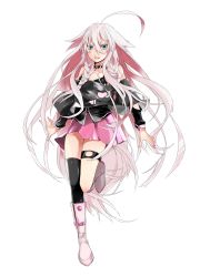 Rule 34 | 1girl, absurdres, ahoge, asymmetrical legwear, bad id, bad pixiv id, bare shoulders, blue eyes, boots, braid, full body, highres, ia (vocaloid), long hair, looking at viewer, mismatched legwear, off shoulder, open mouth, pink hair, saihate (saihate d3), simple background, single thighhigh, skirt, smile, solo, thigh strap, thighhighs, twin braids, very long hair, vocaloid