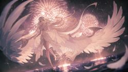Rule 34 | 1girl, angel wings, bare legs, barefoot, blue eyes, breasts, cleavage, copyright request, feathered wings, feathers, fireworks, floating hair, highres, hoshizaki reita, large breasts, long hair, midriff, navel, open mouth, reflection, smile, solo, very long hair, water, white wings, wings