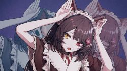 Rule 34 | 1girl, animal ears, blue background, brown kimono, dog ears, dog girl, dog hair ornament, fangs, fox mask, frilled kimono, frills, hair ornament, heterochromia, highres, inui toko, japanese clothes, kimono, looking to the side, maid, maid headdress, mask, million mandala, nijisanji, open hands, open mouth, phony (cevio), projected inset, rabbit pose, red eyes, skin fangs, solo, virtual youtuber, wa maid, yellow eyes