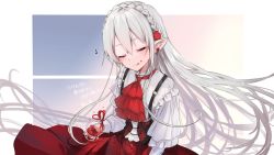 Rule 34 | 1girl, alternate costume, arknights, blood, closed eyes, closed mouth, commission, corset, cup, earrings, facing viewer, grey hair, hair between eyes, hair ornament, highres, holding, holding cup, ascot, jewelry, licking lips, long hair, long sleeves, musical note, nekojita (ika neko46), open mouth, petals, pointy ears, red skirt, shirt, skeb commission, skirt, slit pupils, smile, solo, stud earrings, suspenders, tongue, tongue out, upper body, vampire, warfarin (arknights), white shirt