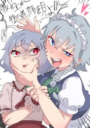 Rule 34 | 2girls, anger vein, apron, ascot, blue eyes, blue vest, blush, bow, braid, breasts, cheek squash, collared shirt, crossed bangs, emphasis lines, fangs, flat chest, green bow, grey hair, hair bow, heart, heart-shaped pupils, highres, holding another&#039;s head, holding another&#039;s wrist, izayoi sakuya, large breasts, looking at another, maid, maid headdress, medium hair, multiple girls, no headwear, open mouth, pink shirt, puffy short sleeves, puffy sleeves, red ascot, red eyes, remilia scarlet, shaded face, shirt, short hair, short sleeves, sideways glance, skin fangs, sobayu to tenpura, symbol-shaped pupils, teeth, touhou, translation request, upper teeth only, vest, waist apron, white shirt, wrist cuffs