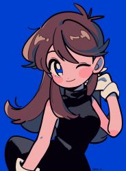 Rule 34 | 1girl, ;), black dress, blue background, blue eyes, blush stickers, breasts, brown hair, chueog, closed mouth, creatures (company), dress, eyelashes, game freak, gloves, green (pokemon), hair between eyes, hand up, highres, long hair, nintendo, one eye closed, pokemon, pokemon adventures, simple background, sleeveless, sleeveless dress, smile, solo, twitter username, white gloves