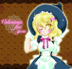 Rule 34 | 1girl, adapted costume, bad id, bad pixiv id, bare shoulders, bloom, candy1024, candy1024 (mican*), doily, english text, engrish text, female focus, gloves, hat, heart, holding, holding hat, kirisame marisa, one eye closed, ranguage, ribbon, short sleeves, solo, touhou, valentine, wink, witch, witch hat