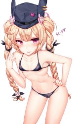 Rule 34 | 1girl, :p, bikini, black ribbon, blonde hair, blush, braid, breasts, character name, collarbone, girls&#039; frontline, hair ribbon, hand on own hip, hand up, hat, highres, leaning forward, long hair, looking at viewer, navel, purple bikini, purple eyes, purple hat, ribbon, simple background, small breasts, solo, sr-3mp (girls&#039; frontline), stomach, swimsuit, thighs, tongue, tongue out, twin braids, twintails, very long hair, white background, zerocat