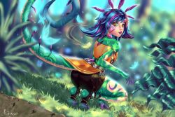 Rule 34 | 1girl, ass, blue hair, bright background, bug, butterfly, chameleon tail, colored skin, flat chest, forest, green skin, highres, insect, kiraze, league of legends, legs, monster girl, nature, neeko (league of legends), self-upload, short hair, short shorts, shorts, slit pupils, tail, tattoo, yellow eyes