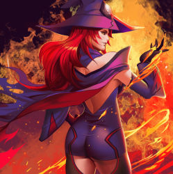 Rule 34 | 1girl, arc system works, ass, back, backboob, backless outfit, bare shoulders, black sclera, blazblue, blazblue: central fiction, breasts, cape, colored sclera, cowboy shot, dantewontdie, detached sleeves, dress, eyelashes, fire, from behind, gloves, hand on own hip, hat, highres, konoe a. mercury, large breasts, legs apart, long hair, looking at viewer, looking back, phantom (blazblue), red hair, short dress, skin tight, smile, solo, standing, thighhighs, yellow eyes