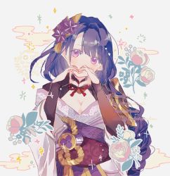 Rule 34 | 1girl, armor, bad id, bad twitter id, blush, braid, breasts, bridal gauntlets, cleavage, commentary, covered mouth, covering own mouth, english commentary, f hayuichi, floral background, flower, genshin impact, hair ornament, heart, heart hands, highres, japanese clothes, kimono, large breasts, long hair, long sleeves, looking at viewer, mole, mole under eye, purple eyes, purple flower, purple hair, raiden shogun, ribbon, sash, shoulder armor, simple background, solo, sparkle, wide sleeves