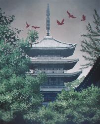 Rule 34 | absurdres, architecture, bird, bird wings, building, cloud, cloudy sky, commentary request, east asian architecture, from below, highres, naohiro, no humans, original, outdoors, sky, wings