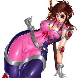 Rule 34 | 1girl, belt, breasts, brown hair, cameltoe, cleft of venus, covered erect nipples, curvy, eyepatch, fat mons, gloves, katana, koutetsushin jeeg, large breasts, latex, leaning back, shiny clothes, simple background, skin tight, solo, sword, weapon, yagyu mitsuko, yagyuu mitsuko, zen and retro
