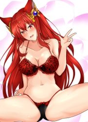 Rule 34 | 1girl, animal ears, anthuria, bad id, bad pixiv id, black panties, blush, bra, breasts, cleavage, collarbone, commentary request, erune, granblue fantasy, hair ornament, head tilt, large breasts, long hair, looking at viewer, magaasha, navel, open mouth, panties, red bra, red eyes, red hair, sitting, solo, spread legs, underwear, underwear only, w