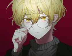 Rule 34 | 1boy, adjusting eyewear, black jacket, blonde hair, closed mouth, colored eyelashes, commentary request, glasses, grey sweater, hair between eyes, jacket, korean commentary, limbus company, long sleeves, male focus, meng gin, open clothes, open jacket, project moon, red background, round eyewear, short hair, sinclair (project moon), solo, sweat, sweater, yellow eyes