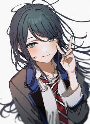 Rule 34 | 1girl, black hair, blue eyes, blurry, blush, breasts, closed mouth, collarbone, collared shirt, depth of field, diagonal-striped clothes, diagonal-striped necktie, fingernails, floating hair, grey jacket, hair over one eye, hand up, hashtag-only commentary, hoshino ichika (project sekai), iwawa, jacket, light smile, long hair, long sleeves, looking at viewer, loose necktie, medium breasts, nail polish, necktie, open clothes, open collar, open jacket, pink nails, project sekai, red necktie, shirt, sidelocks, simple background, solo, striped clothes, swept bangs, thick eyelashes, upper body, v, white background, white shirt