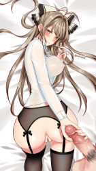 Rule 34 | 10s, 1girl, all fours, amagi brilliant park, antenna hair, anus, ass, blush, bow, breasts, brown eyes, brown hair, censored, covered erect nipples, from above, garter belt, garter straps, hair bow, twirling hair, handjob, highres, hongsil, large breasts, long hair, looking back, mosaic censoring, penis, pov, pussy, pussy juice, see-through, sento isuzu, solo focus, thighhighs, twitter username, veins, veiny penis