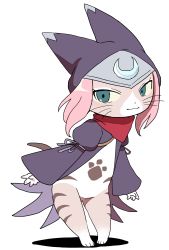Rule 34 | 1girl, absurdres, blue eyes, bottomless, cat tail, colored sclera, female focus, furry, furry female, halterneck, headband, highres, hood, leaning forward, looking at viewer, monster hunter (series), monster hunter stories 2, neckerchief, pink hair, red neckerchief, semi kon, solo, tail, tsukino (monster hunter), whiskers, yellow sclera
