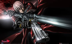 Rule 34 | 1boy, capcom, coat, dante (devil may cry), devil may cry (series), gloves, gun, handgun, highres, male focus, moon, official art, official wallpaper, rebellion (sword), skull, solo, sword, trench coat, weapon, white hair, widescreen wallpaper