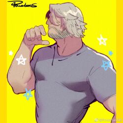 Rule 34 | 1boy, adam&#039;s apple, bara, beard stubble, facial hair, hair over one eye, knuckle hair, male focus, mature male, muscular, muscular male, original, pectorals, powerlesssong, profile, solo, sparse arm hair, stubble, upper body, yellow background