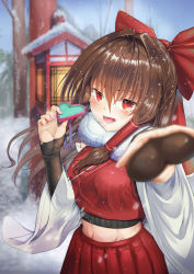 Rule 34 | 1girl, absurdres, adapted costume, blurry, blurry background, bow, box, brown hair, candy, chocolate, chocolate heart, crop top, floating hair, food, hair between eyes, hair bow, hair intakes, hair tubes, hakurei reimu, heart, highres, holding, holding box, holding food, long hair, long sleeves, looking at viewer, midriff, nail polish, open mouth, outdoors, pink nails, pleated skirt, red bow, red eyes, red skirt, skirt, solo, standing, stomach, touhou, user ktgh3775, very long hair, wide sleeves