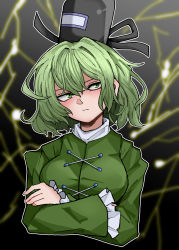Rule 34 | 1girl, black bra, black hat, bra, breasts, closed mouth, cropped torso, cross-laced footwear, crossed arms, fe (tetsu), gradient background, green eyes, green hair, hat, highres, large breasts, lightning, looking at viewer, ofuda, ofuda on clothes, short hair, soga no tojiko, solo, tate eboshi, touhou, underwear