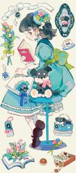 Rule 34 | 1girl, aqua dress, aqua theme, bag, bagel, beads, bird, black footwear, black hair, blue flower, bone hair ornament, book, bouquet, bow, box, charm (object), closed mouth, cup, dog, dress, dress bow, earrings, expressionless, flower, full body, green background, green bow, hair ornament, hat, hat flower, highres, holding, holding book, ink bottle, jewelry, juliet sleeves, long sleeves, looking at viewer, looking to the side, mary janes, medium hair, open book, original, pink flower, plaid headwear, profile, puffy sleeves, putong xiao gou, quill, red flower, red lips, ribbon, saucer, shoe soles, shoes, simple background, sitting, socks, solo, stool, stud earrings, stuffed animal, stuffed dog, stuffed toy, tag, teacup, white bow, white ribbon, white socks, yellow flower