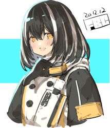Rule 34 | 1girl, :d, arknights, black hair, black jacket, blue background, blush, cropped torso, dated, fbc, jacket, looking at viewer, lowres, magallan (arknights), multicolored hair, open mouth, smile, solo, streaked hair, transparent background, two-tone background, upper body, white background, white hair, yellow eyes