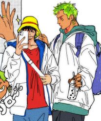 Rule 34 | 2boys, black eyes, black hair, bucket hat, cowboy shot, earrings, facial hair, facial scar, goatee stubble, green hair, hair over eyes, hat, highres, holding, holding phone, hood, hoodie, jewelry, male focus, monkey d. luffy, mouth hold, multiple boys, one piece, phone, roronoa zoro, scar, scar on cheek, scar on face, short hair, sideburns, simple background, single earring, stalk in mouth, stubble, white background, yaoizhen