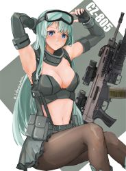 Rule 34 | 1girl, absurdres, ammunition pouch, aqua hair, arm guards, assault rifle, black gloves, black jacket, black pantyhose, blue eyes, breasts, buckle, character name, cleavage, closed mouth, cz-805, cz-805 (girls&#039; frontline), cz 805 bren, fingerless gloves, girls&#039; frontline, gloves, goggles, goggles on head, gun, highres, jacket, large breasts, lithographica, long hair, navel, pantyhose, pouch, rifle, simple background, sitting, skirt, snap-fit buckle, solo, thigh pouch, twitter username, two-tone background, weapon